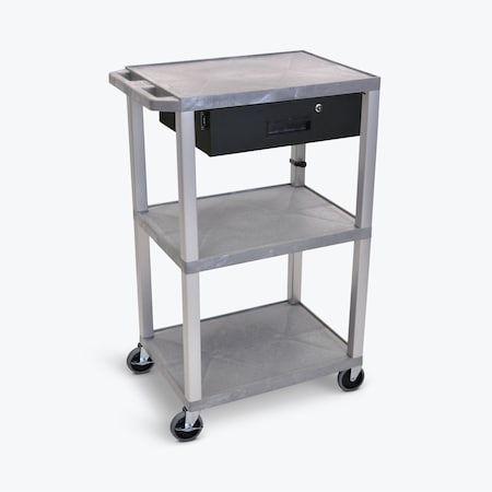 Luxor 42"H 3-Shelf Utility Cart - Electric, Drawer, Gray Shelves, Nickel Legs UCPL1GYE-N-WTD